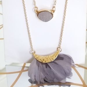 16" & 18" Boho Gray Druzy Stone & Feather Necklace